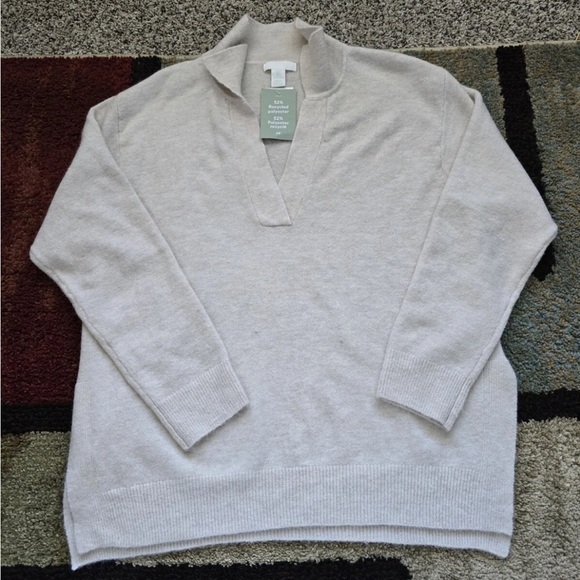 H&M Sweater Women Small Heathered Beige Hooded V-neck Knit Grunge New - Picture 2 of 2